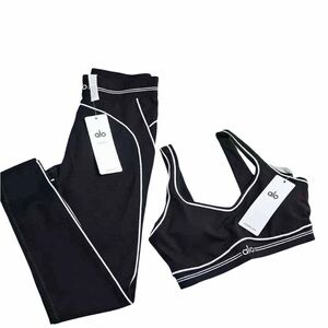 ALO Yoga Black Leggings and Sports Bra Set with White Piping